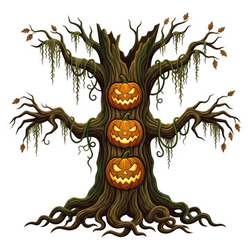 Haunted Tree Trunk with Carved Pumpkin Heads and Hanging Spanish Moss on Transparent Background