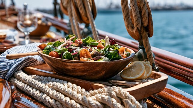 A luxurious sailboat picnic featuring Salad Nicoise arranged beside nautical ropes, polished wood, and ocean views