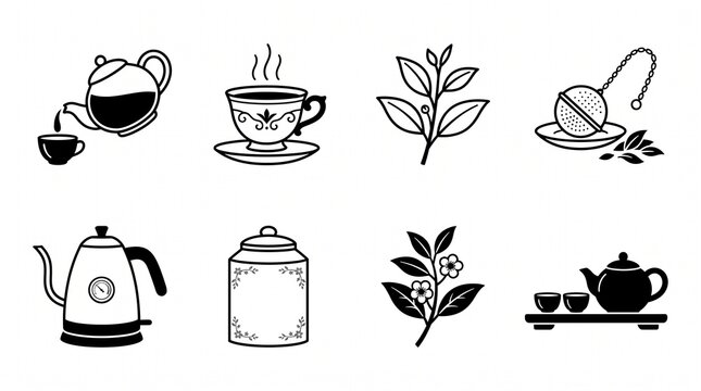 Flat lay black tea icon set with kettle, cup, steam, leaves, and teapot vector illustration