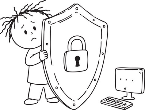 Digital data protection with security shield, cybersecurity concept, hand drawn doodle vector illustration