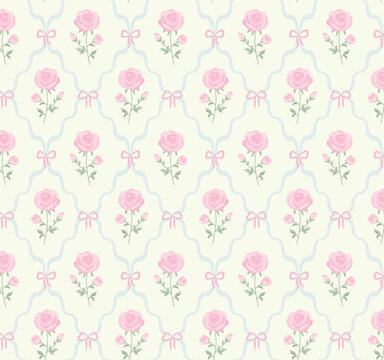 Seamless shabby chic pattern with pink roses, buds and ribbon bows on ivory background with soft blue ogee trellis. Vintage romantic coquette repeat for fabric, wallpaper, textile design.