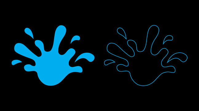 Water splash liquid icons in cyan blue flat and line styles for fluid design assets usage.
