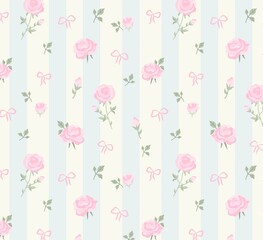 Sweet floral seamless pattern featuring pink roses, buds, and tiny bows on light blue stripes. Shabby chic vector texture for nursery decor, baby shower, wedding invitations, and textile design. © Natalya