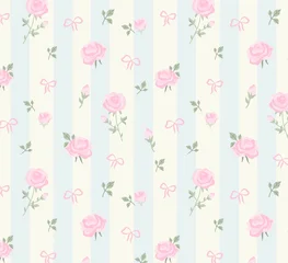 Sweet floral seamless pattern featuring pink roses, buds, and tiny bows on light blue stripes. Shabby chic vector texture for nursery decor, baby shower, wedding invitations, and textile design. © Natalya