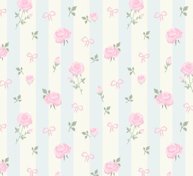 Sweet floral seamless pattern featuring pink roses, buds, and tiny bows on light blue stripes. Shabby chic vector texture for nursery decor, baby shower, wedding invitations, and textile design.