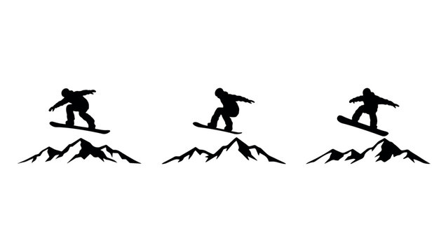 Black snowboarder jumping over mountain silhouette vector illustration for winter sports.
