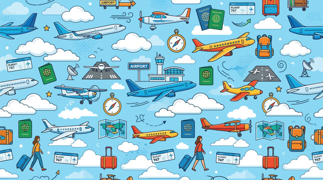 Airplane travel seamless pattern with airport elements, aircraft, and passenger journey.