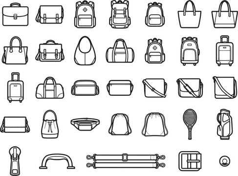 A collection of line art illustrations showcases various types of bags, including backpacks, handbags, duffels, and luggage, alongside accessories like zippers and handles.
