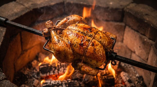Whole chicken roasting on spit rotisserie over open fire coals inside stone pit grill outdoor campfire cooking with smoke and golden crispy skin