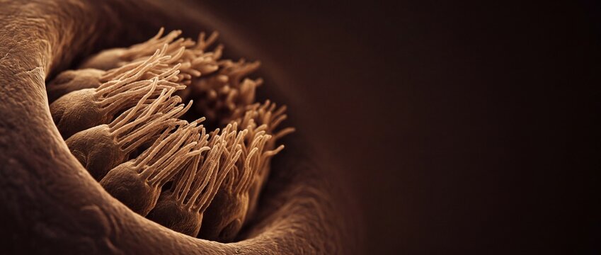 Biological cilia structures within internal cavity forming complex sensory organic surface patterns for microscopic medical research.