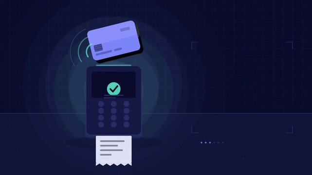 Abstract animated card tapped on a payment terminal drawn as blue and cyan lines and shapes on a deep dark background. Seamless looping 4K motion graphics video with free space for text, ideal for bus
