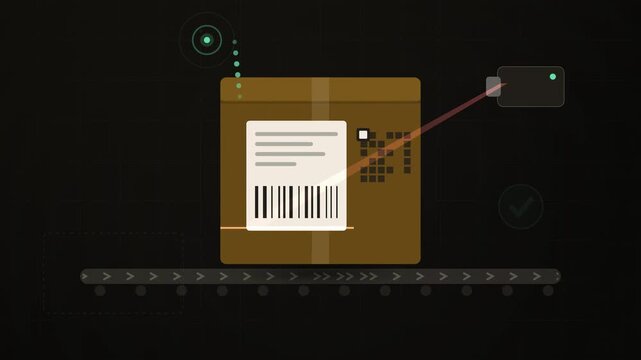 Abstract animated shipping label scanned at a checkpoint drawn as amber and orange lines and shapes on a deep dark background. Seamless looping 4K motion graphics video with free space for text, ideal
