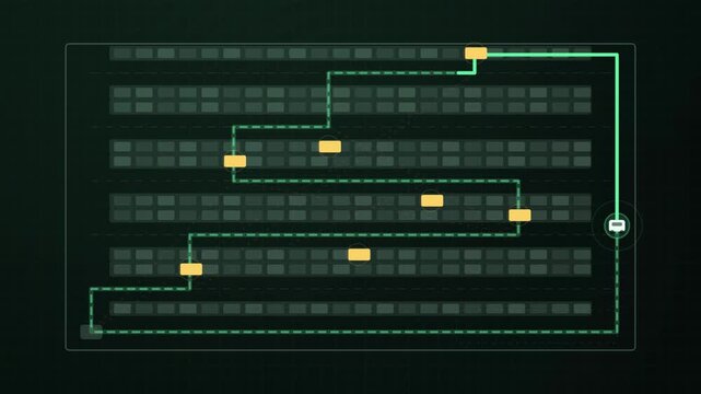 Abstract animated picker routed along an optimised path drawn as green and teal lines and shapes on a deep dark background. Seamless looping 4K motion graphics video with free space for text, ideal fo