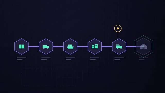 Abstract animated custody handed over along a chain of stages drawn as cyan and teal lines and shapes on a deep dark background. Seamless looping 4K motion graphics video with free space for text, ide