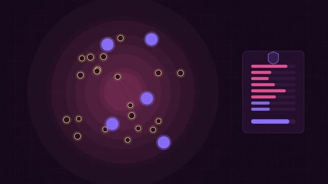 Abstract animated linked accounts revealing a fraud ring drawn as violet and blue lines and shapes on a deep dark background. Seamless looping 4K motion graphics video with free space for text, ideal 