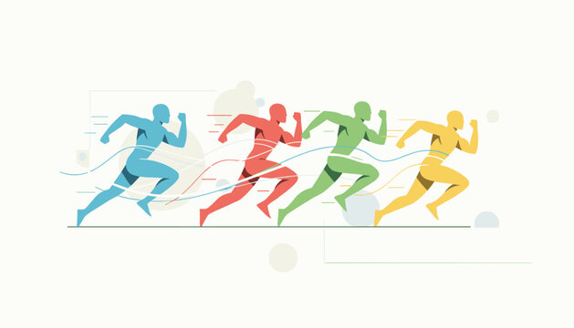 Four colorful active male athletes sprinting and racing against each other in a dynamic sports competition banner.