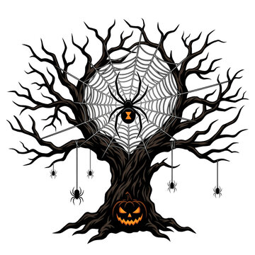 Halloween Tree with a Giant Spider Web and Black Widows Hanging from Branches on Transparent Background