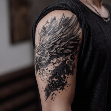 Detailed black and grey fine line tattoo on a forearm with dotwork shading, botanical and geometric elements. Modern blackwork body art for tattoo studios, portfolios and social media.