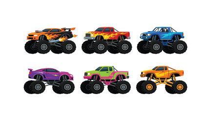 Monster truck vector illustration set cartoon extreme motorsport big wheels pickup cars with flame decals collection © MDABULKALAM