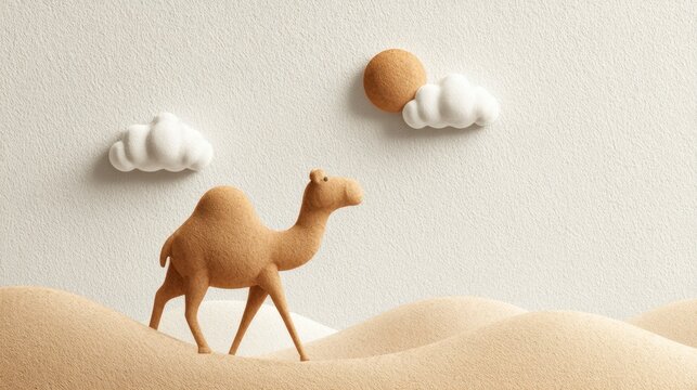 Minimal pastel chubby camel walking on soft round dunes, tiny sun and clouds above, pure white background
