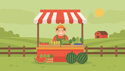 Naklejka premium Friendly farmer standing at a local organic vegetable stand with fresh produce in a peaceful rural countryside.