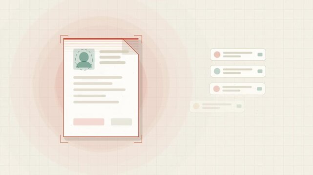 Abstract animated identity document reviewed for verification drawn as coral and magenta lines and shapes on a bright, clean light background. Seamless looping 4K motion graphics video with free space