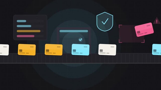 Abstract animated suspicious card flagged among approved ones drawn as cyan and teal lines and shapes on a deep dark background. Seamless looping 4K motion graphics video with free space for text, ide