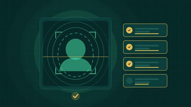 Abstract animated face matched against an identity record drawn as cyan and teal lines and shapes on a deep dark background. Seamless looping 4K motion graphics video with free space for text, ideal f