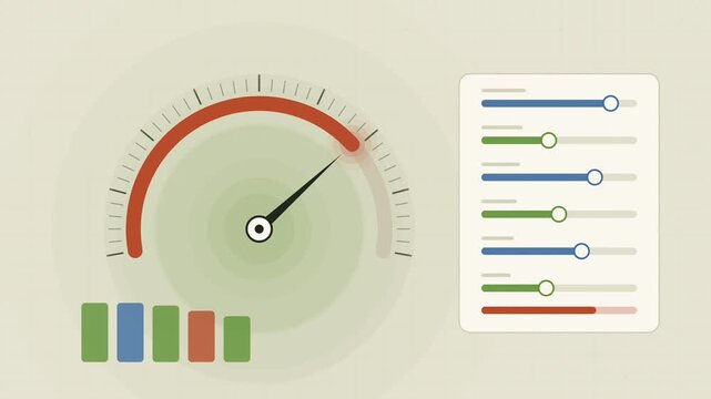 Abstract animated risk assessed on an underwriting gauge drawn as green and teal lines and shapes on a bright, clean light background. Seamless looping 4K motion graphics video with free space for tex