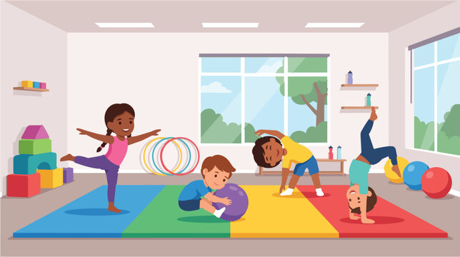 Diverse kids doing gymnastics and yoga exercises in colorful school gym room, active children practicing fitness indoor cartoon illustration