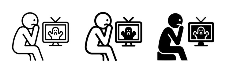 Fototapeta premium Scared Person Watching Horror Movie on TV, Fearful Stick Figure Icon Set, Ghost on Screen