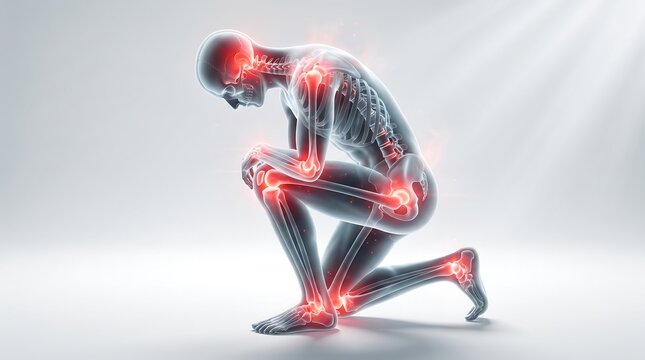 Anatomical illustration of human skeleton and body showing joints affected by pain and inflammation highlighted in red glow.