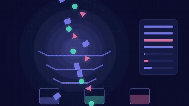 Abstract animated applications sorted by risk criteria drawn as blue and cyan lines and shapes on a deep dark background. Seamless looping 4K motion graphics video with free space for text, ideal for 