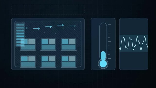 Abstract animated temperature held within a cold chain range drawn as cyan and teal lines and shapes on a deep dark background. Seamless looping 4K motion graphics video with free space for text, idea