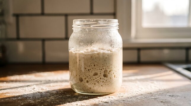 Glass jar filled with active bubbly sourdough starter culture resting on a wooden kitchen countertop bread making kitchen counter yeast culture bubbly dough interior