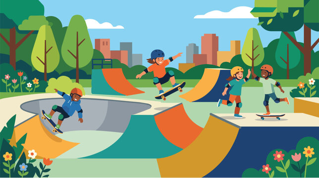 Diverse happy kids skateboarding and riding in colorful outdoor skatepark, active children playing extreme sports in city park cartoon illustration