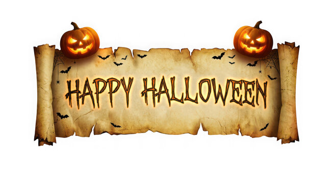 Happy halloween banner on an old parchment scroll with jackolanterns and bats, isolated on transparent background