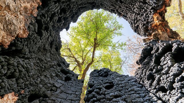 charred. A tree trunk split by lightning with charred interior and new green growth above. ESG reports, sustainability campaigns, designed for sustainability communications and ESG reporting.