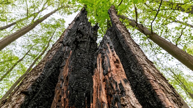 charred. A tree trunk split by lightning with charred interior and new green growth above. ESG reports, sustainability campaigns, designed for sustainability communications and ESG reporting.
