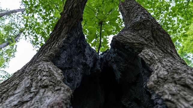 charred. A tree trunk split by lightning with charred interior and new green growth above. ESG reports, sustainability campaigns, designed for sustainability communications and ESG reporting.