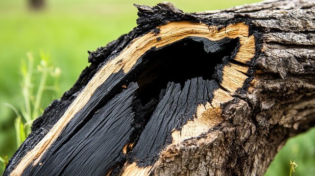 charred. A tree trunk split by lightning with charred interior and new green growth above. ESG reports, sustainability campaigns, designed for sustainability communications and ESG reporting.
