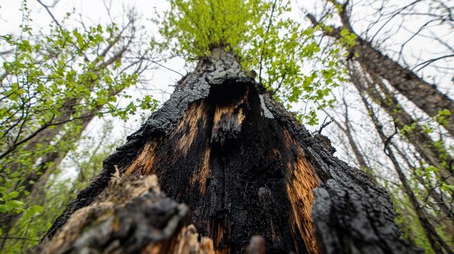 charred. A tree trunk split by lightning with charred interior and new green growth above. ESG reports, sustainability campaigns, designed for sustainability communications and ESG reporting.