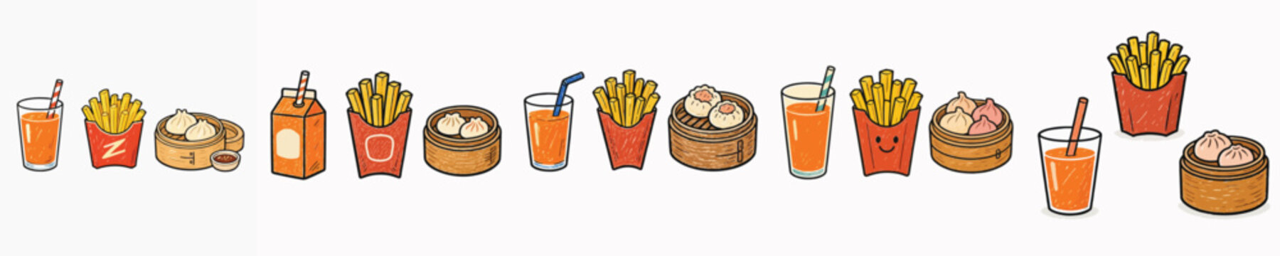 Set of vector dinner illustrations featuring dim sum, french fries, and drinks.