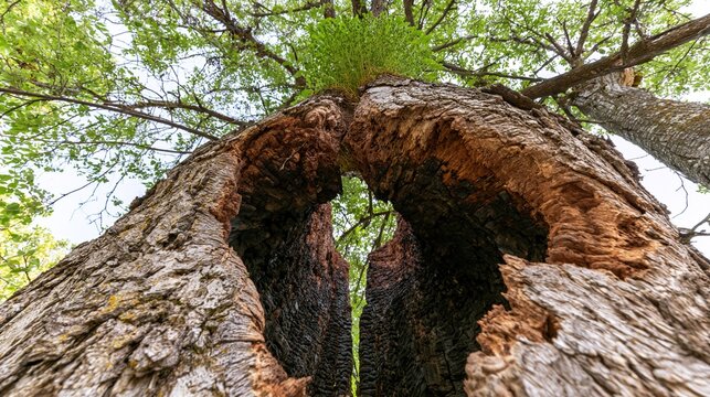 charred. A tree trunk split by lightning with charred interior and new green growth above. ESG reports, sustainability campaigns, designed for sustainability communications and ESG reporting.