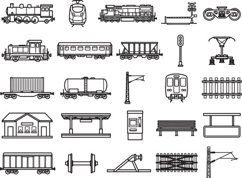 Collection of black and white line art icons representing various elements of a railway system, including locomotives, carriages, wagons, tracks, stations, and signaling equipment.