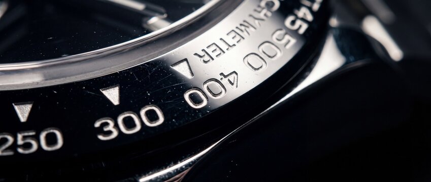Close up of black chronograph watch bezel with white tachymeter scale for measuring speed and distance.