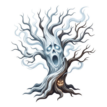  Halloween Tree with a Glowing Ghostly Face Emerging from Bark and Floating Wisps on Transparent Background