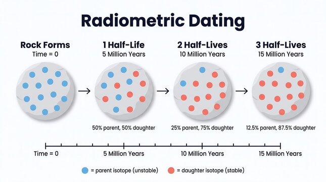 Radiometric dating infographic diagram showing half life stages and radioactive decay over time with geology science isotope decay scientific infographic rock formatio