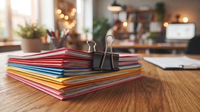 Large pile of assorted paperwork fastened with a black binder on a wooden workstation assorted paper workstation desk paper stack office paperwork bound files