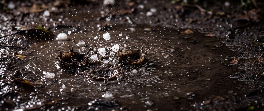 Large hailstones falling into muddy puddle on ground during severe thunderstorm for hail damage reports and climate change visuals.